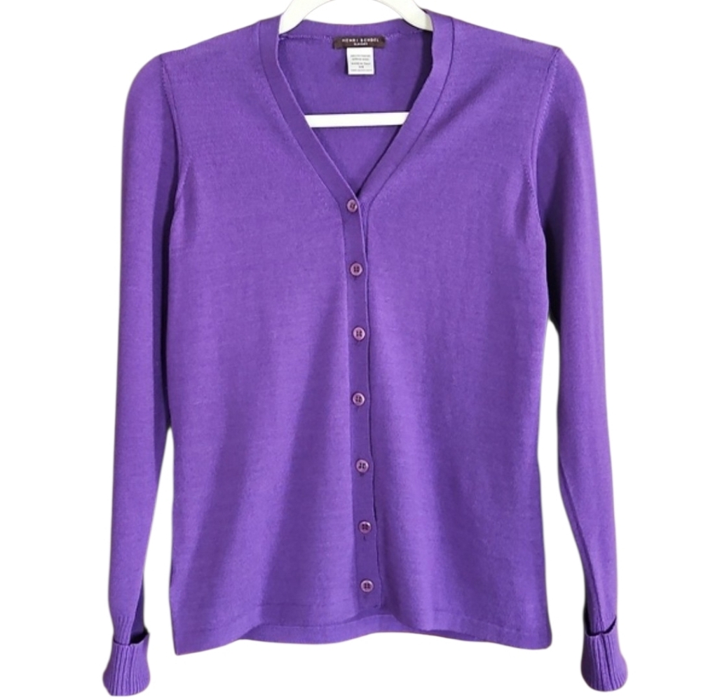 Henri Bendel Classics Womens Purple Cardigan Sweater, Size XS, 100% Wool